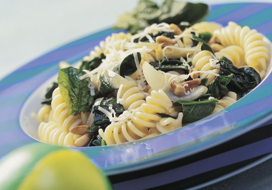 Fusilli pasta with spinach, pine nuts and Gruyère cheese