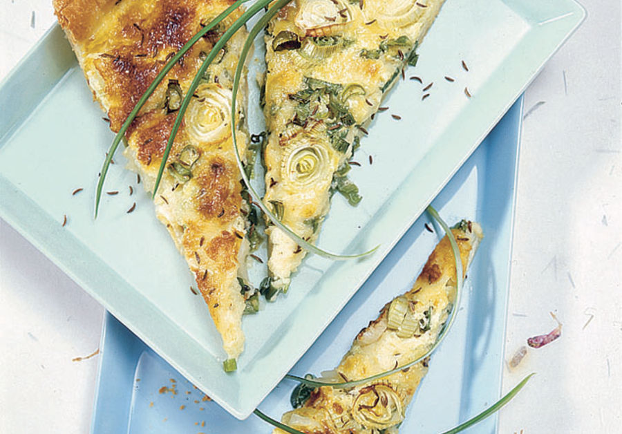 Spring onions and caraway seed tart