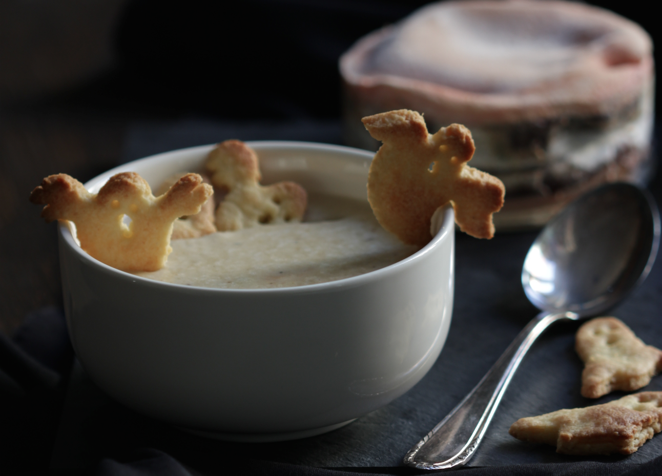 Cheese soup with ghost biscuits