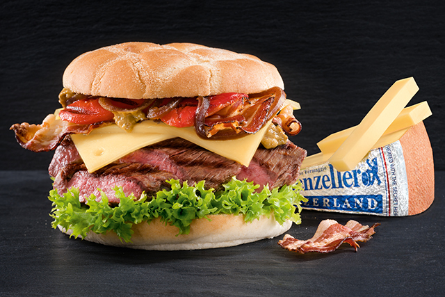 “Alpine dairyman dream” burger with Appenzeller® cheese
