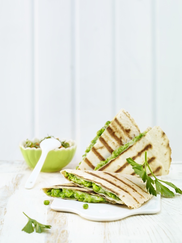 Peas quesadillas with carrot salsa