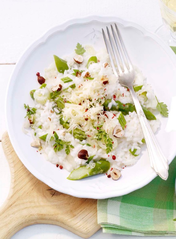 Spring risotto with hazelnuts