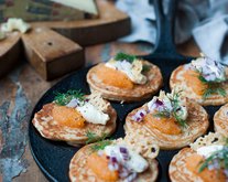 Le Gruyère AOP Blini with Smetana, Kalix Caviar (Bleak Roe) and Gruyère Chips