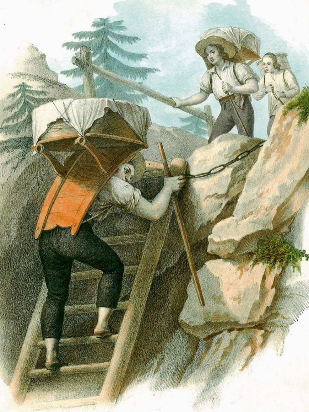 Cowherds taking cheese down to the valley – “Vachers descendant le fromage des montagne Canton Schwyz”, by Jean-Baptiste Zwinger (*1787) after Michael Föhn (1789–1853), lithograph by Gottfried Engelmann (1788–1839) from “Jeux et Usages” c1830.